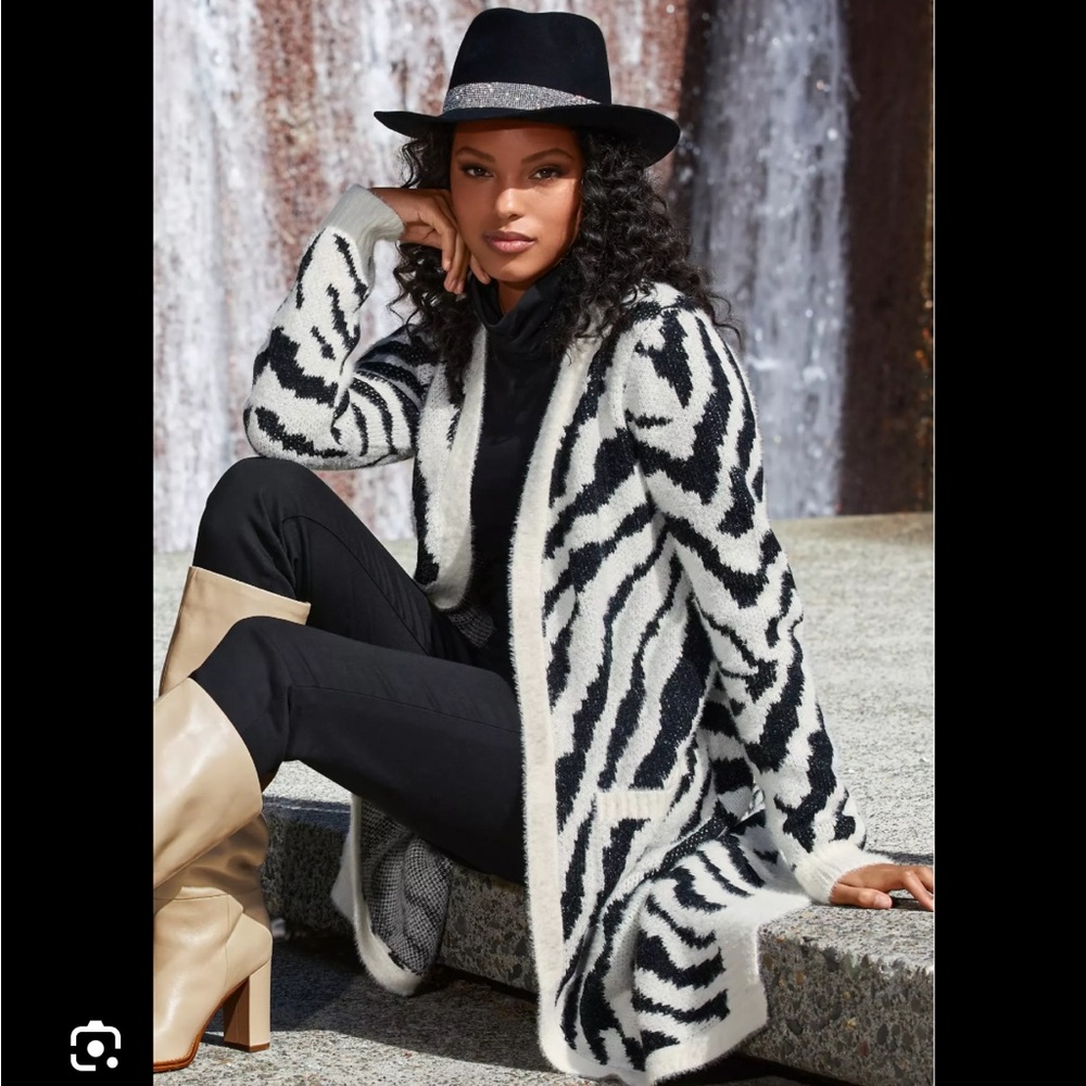 🖤BOSTON PROPER ZEBRA JACQUARD DUSTER/CARDIGAN SWEATER-POCKETS-BLACK/WHITE-M🖤 - Picture 5 of 16
